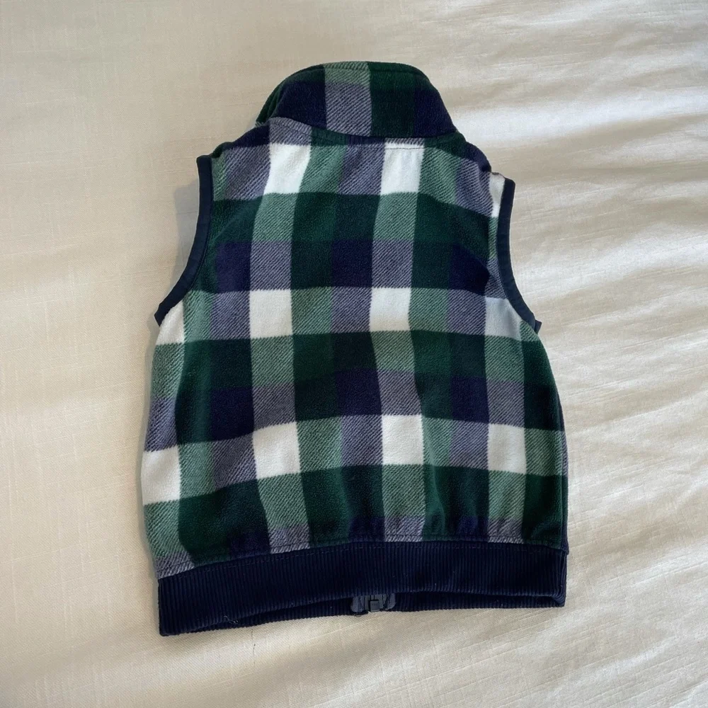 Carter's Fleece Vest W/Sherpa Collar Blue & Green Plaid Full Zip 24‎ Months